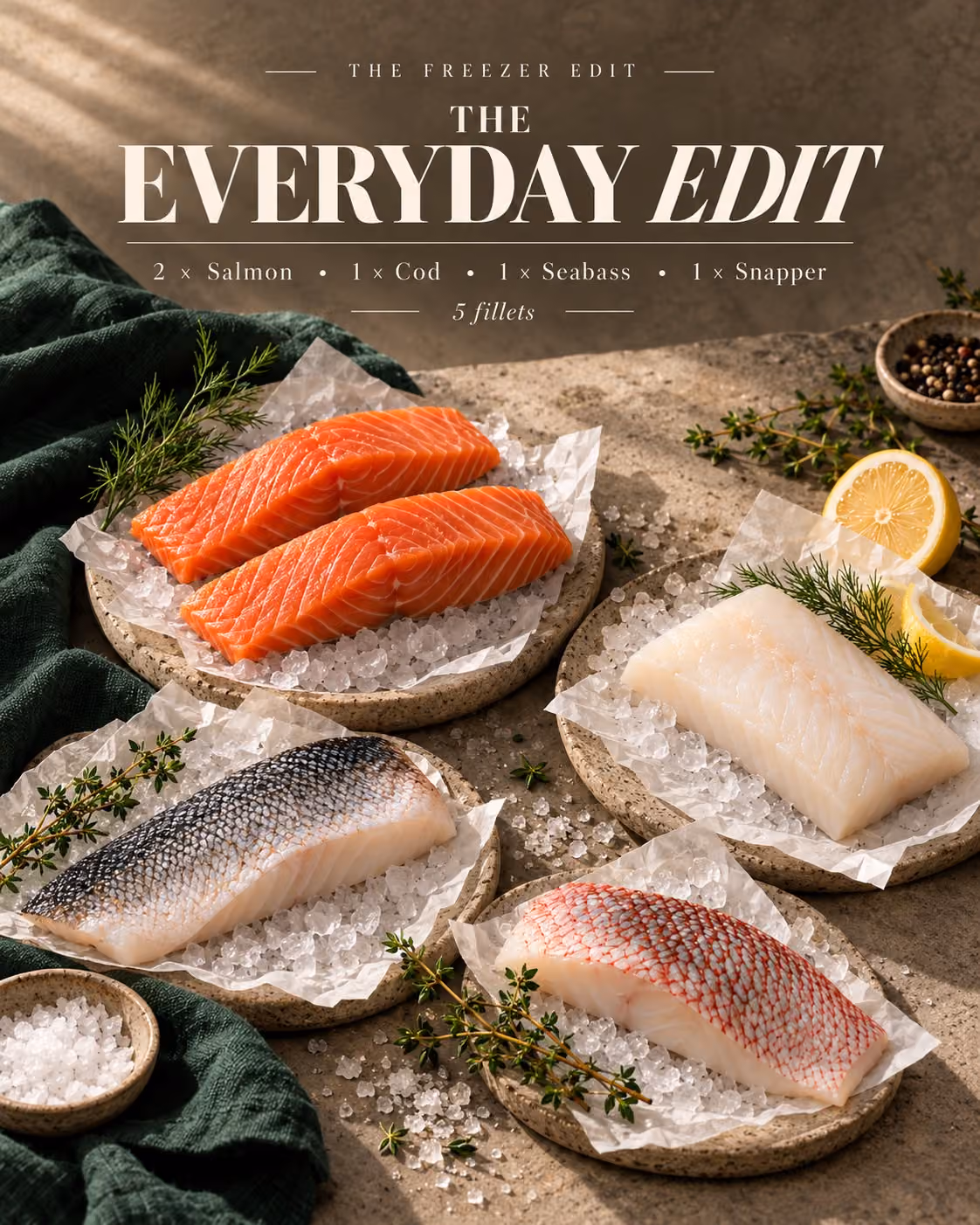The Everyday Edit: two salmon fillets, cod, seabass and snapper