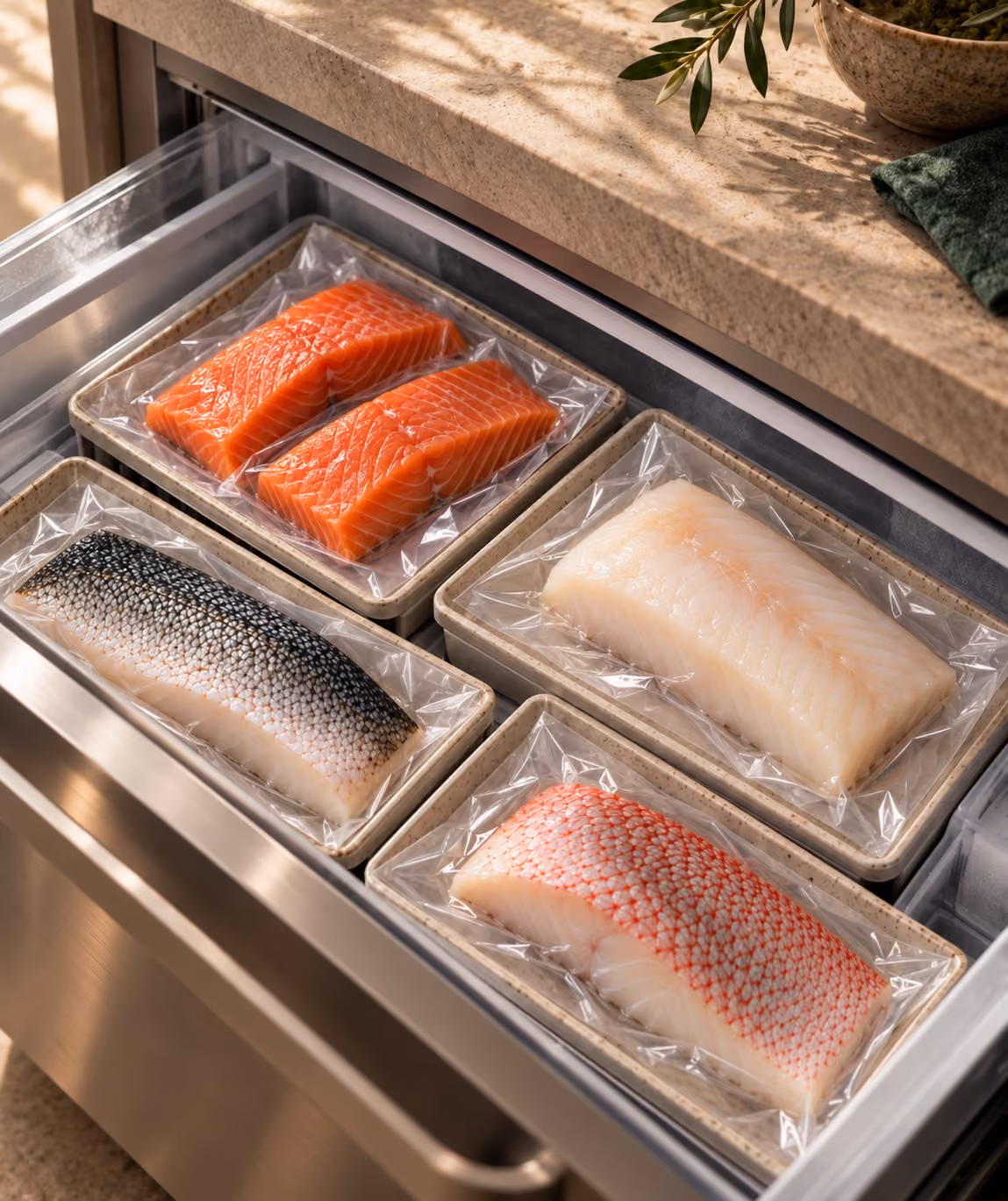 Seafood portions stored in a freezer