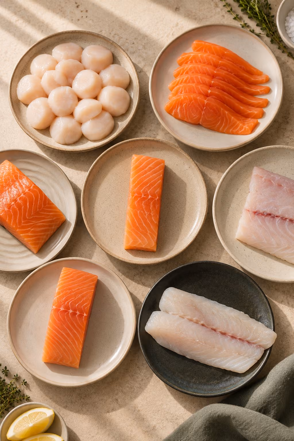 Seafood arranged on plates