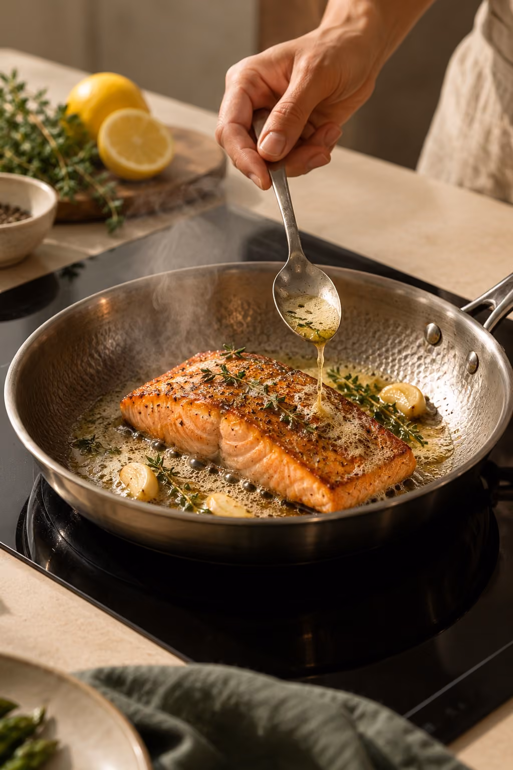 Salmon cooking in a pan