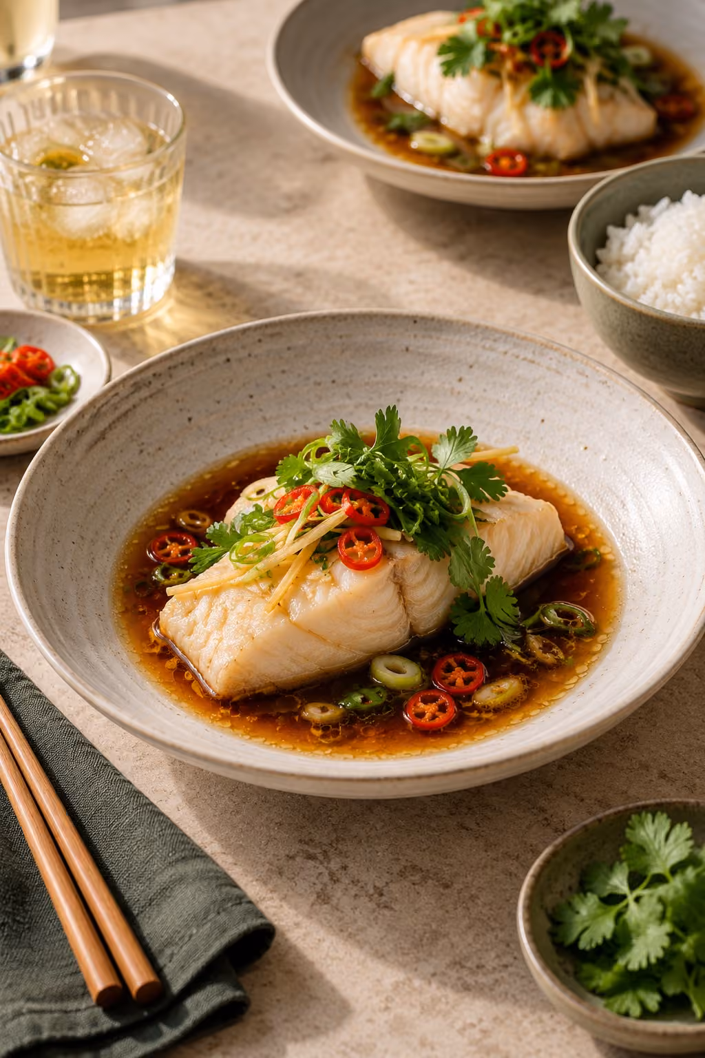Steamed fish with ginger and herbs