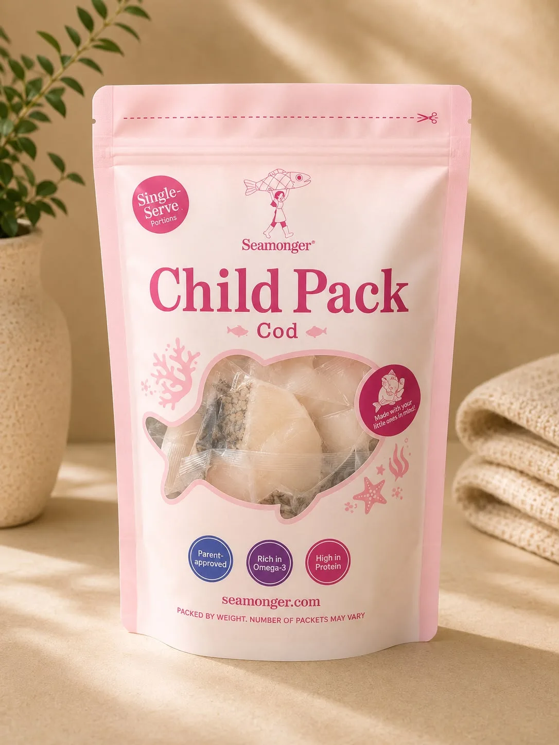 A Child Pack pouch of cod, portioned for young eaters