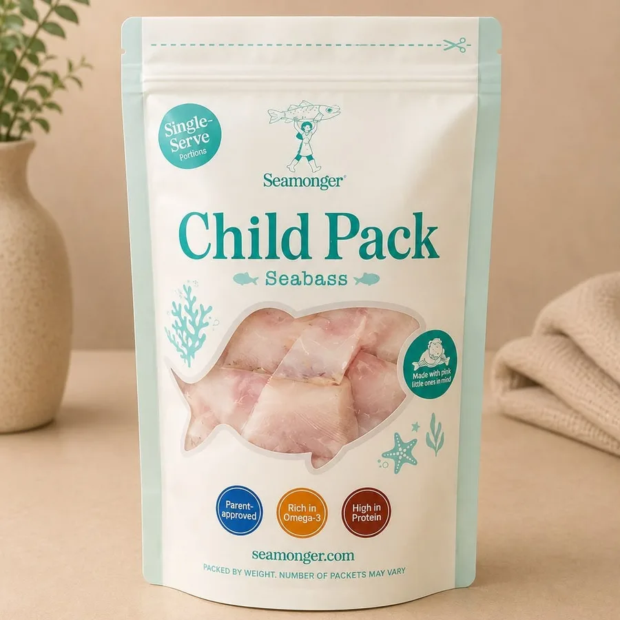 A green Child Pack pouch of Asian seabass, single-serve portions inside.