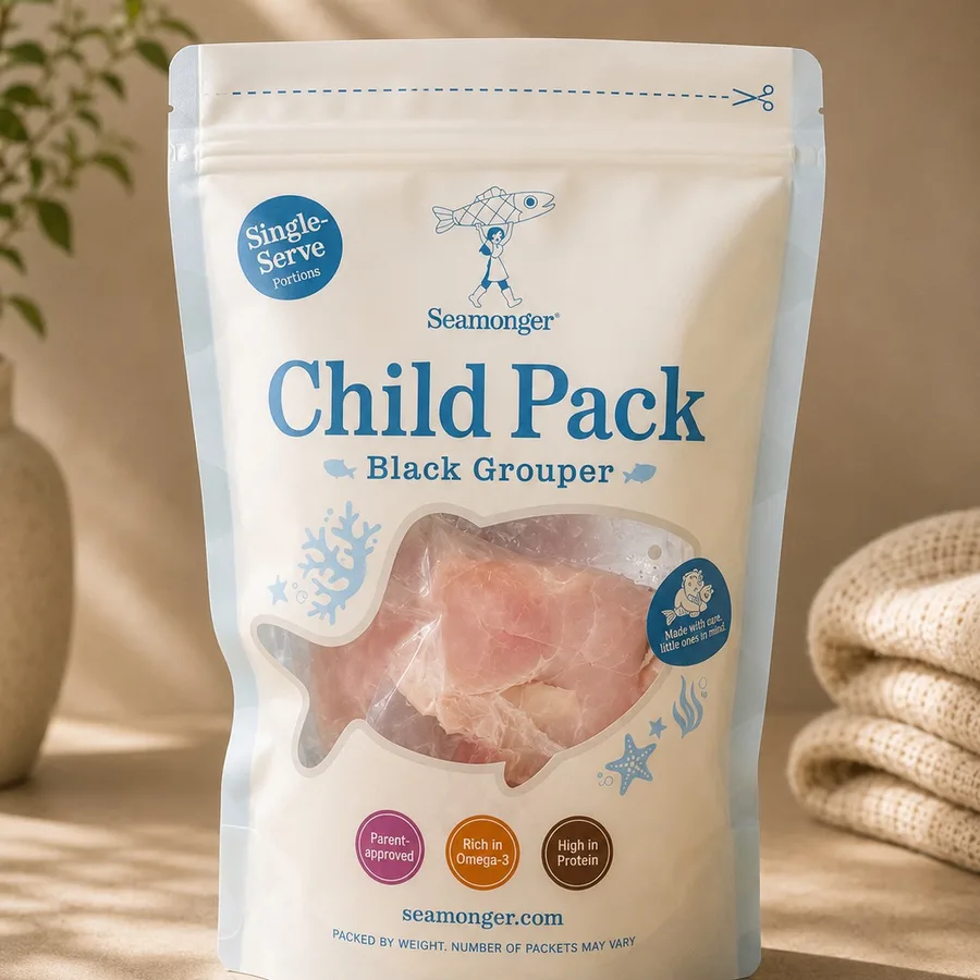 A blue Child Pack pouch of black grouper, single-serve portions inside.