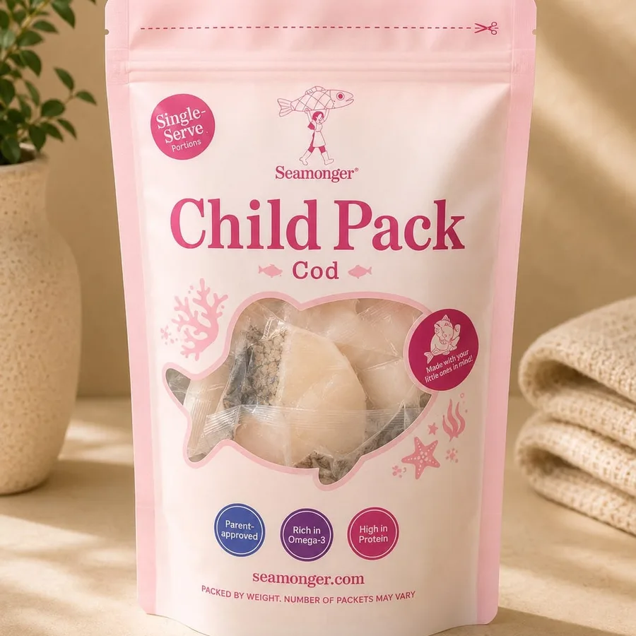 A pink Child Pack pouch of cod, single-serve portions inside.