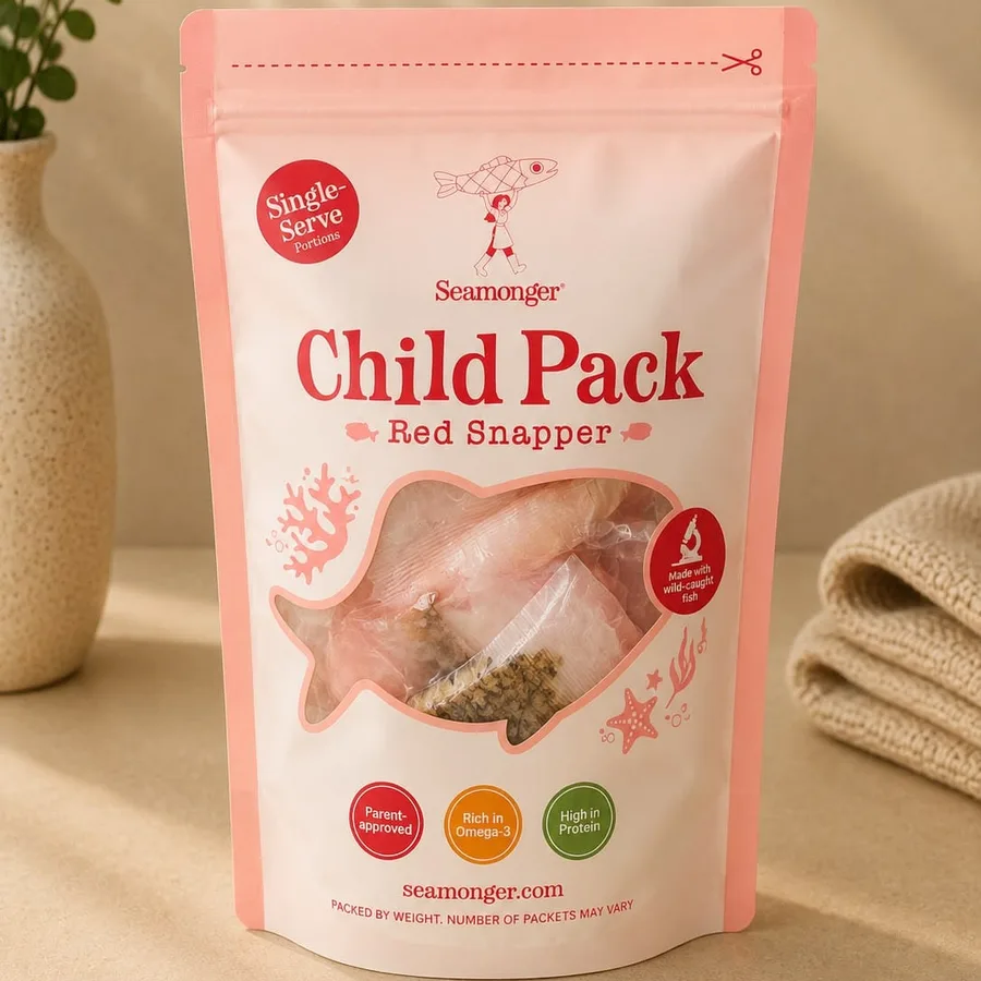 A coral Child Pack pouch of red snapper, single-serve portions inside.