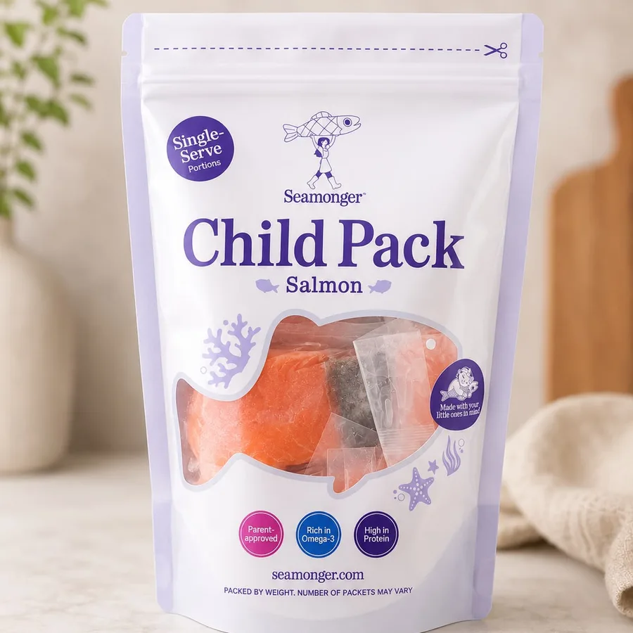 A lilac Child Pack pouch of salmon trout, single-serve portions inside.