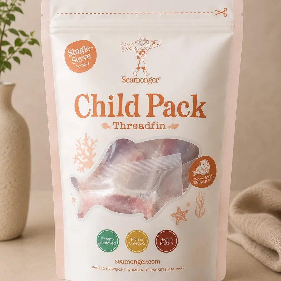 An amber Child Pack pouch of threadfin, single-serve portions inside.