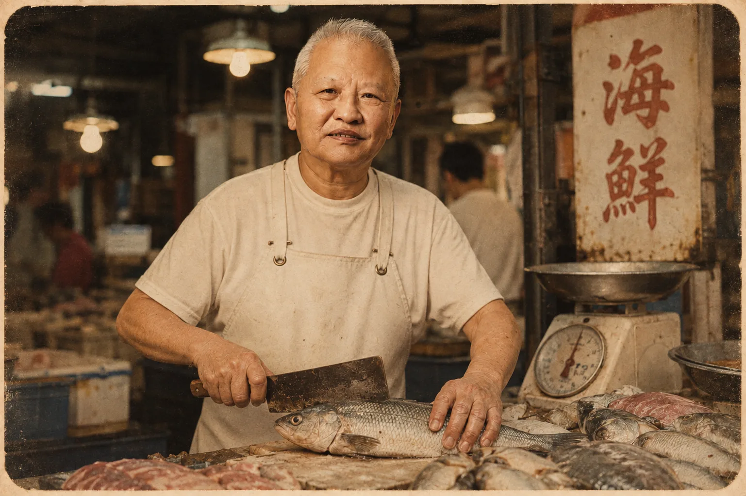 An aged photograph of an older fishmonger at a wet market stall, cleaver resting on a whole fish, a brass scale and a hand-painted seafood sign behind him.